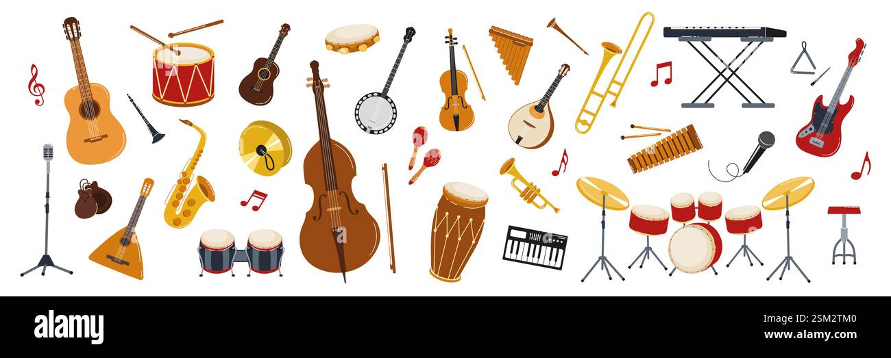 Collection of various musical instruments displayed for an artistic ...