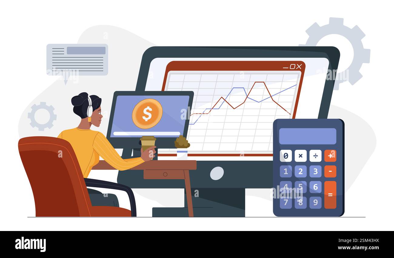 Woman analyzing financial data on computer screen. Stock Vector