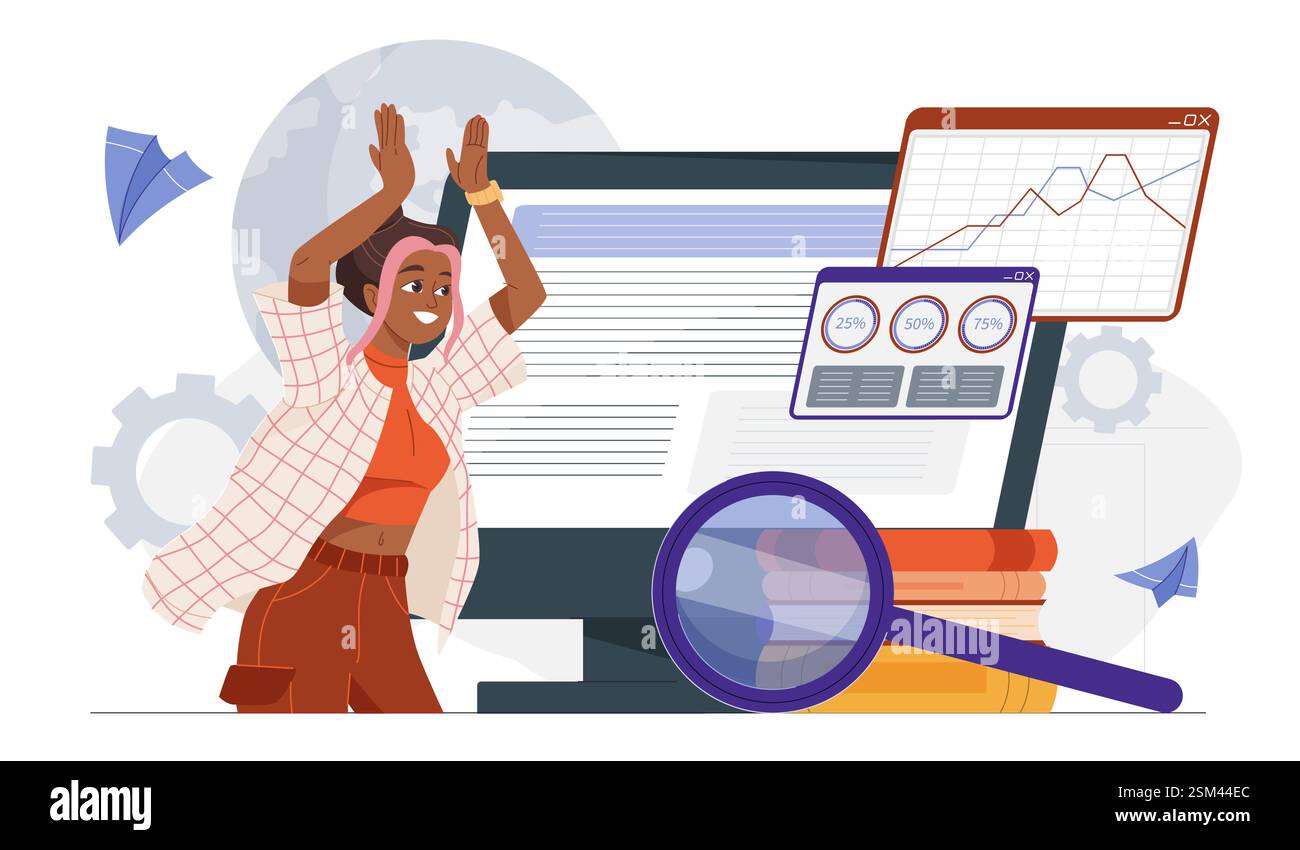Woman celebrating successful data analysis in front of computer screen. Stock Vector