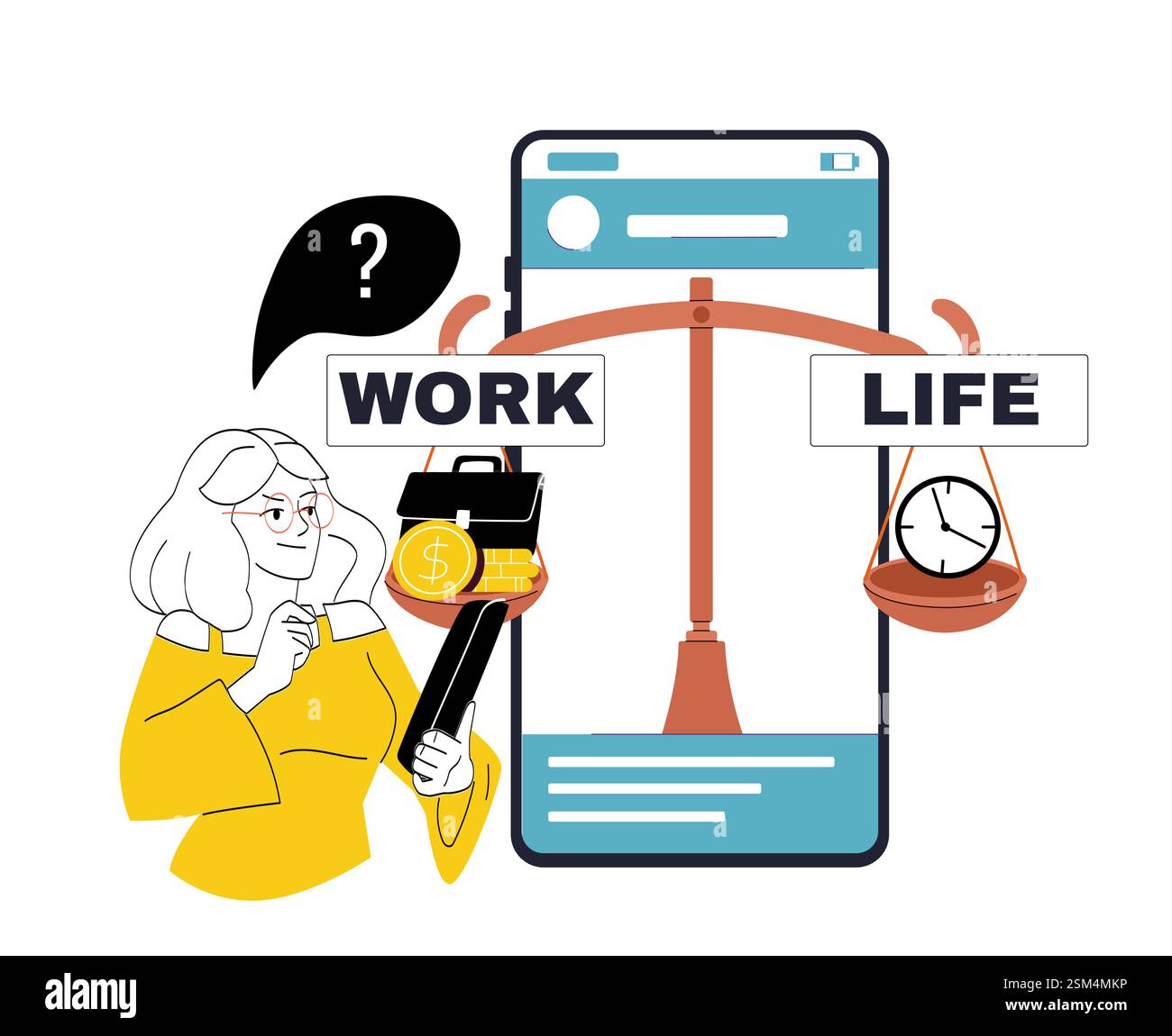 Work-life balance concept with woman thinking and scale illustration ...