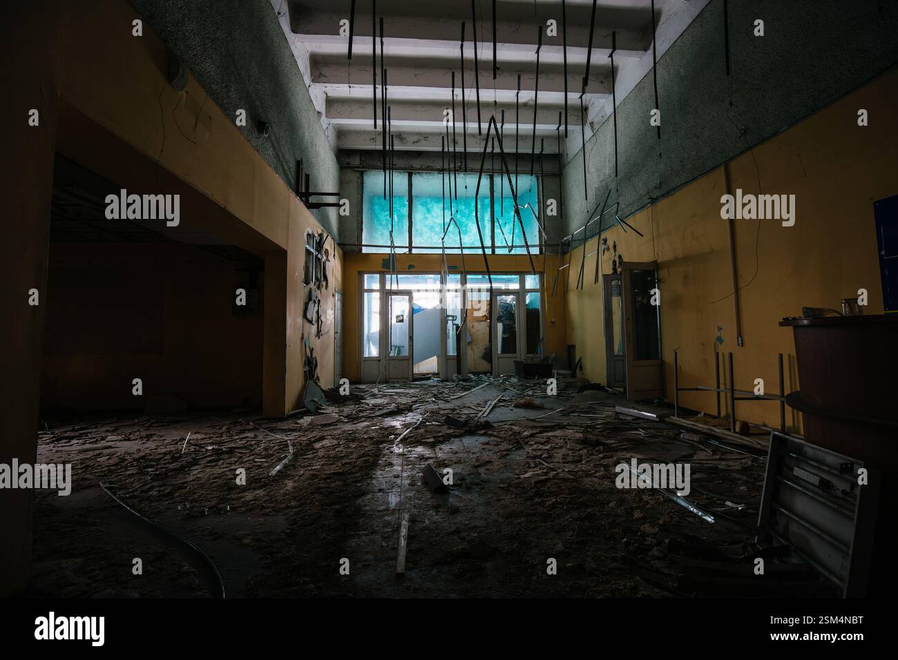 Inside destroyed office building. Consequences of attack concept. Stock Photo