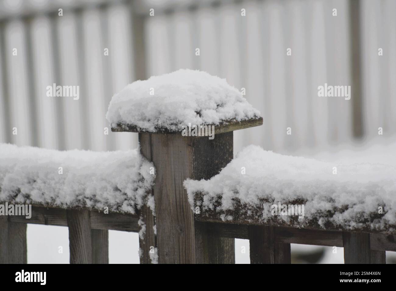 Fresh white snow built up on the railings and posts of a backyard deck in winter. Stock Photo