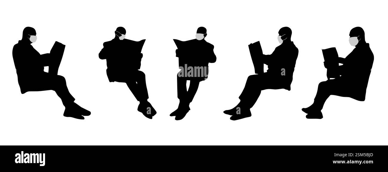Vector concept conceptual  silhouette men reading the  newspaper while social distancing as means of prevention and protection against coronavirus Stock Vector