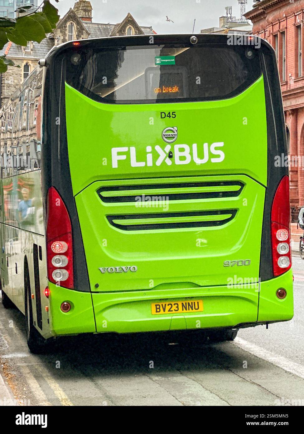 Cardiff, Wales - 24 July 2024: Express coach operated by Flixbus parked on a street in Cardiff city centre - Smartphone Captured Stock Image