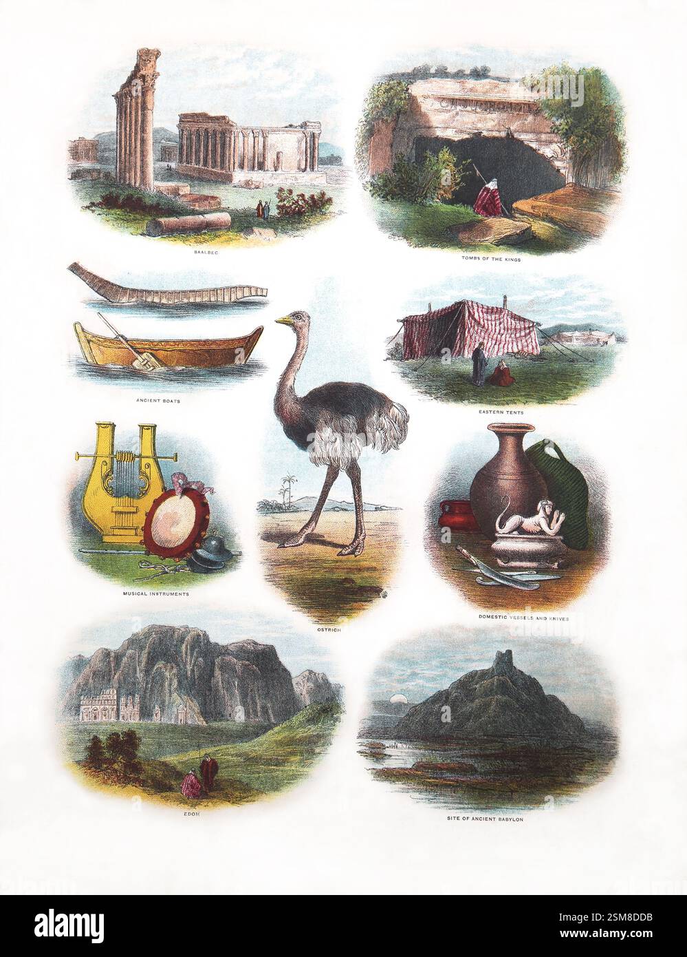 A Page in a 19th Century Holy Bible Depicting Places and things from Biblical Times Stock Photo