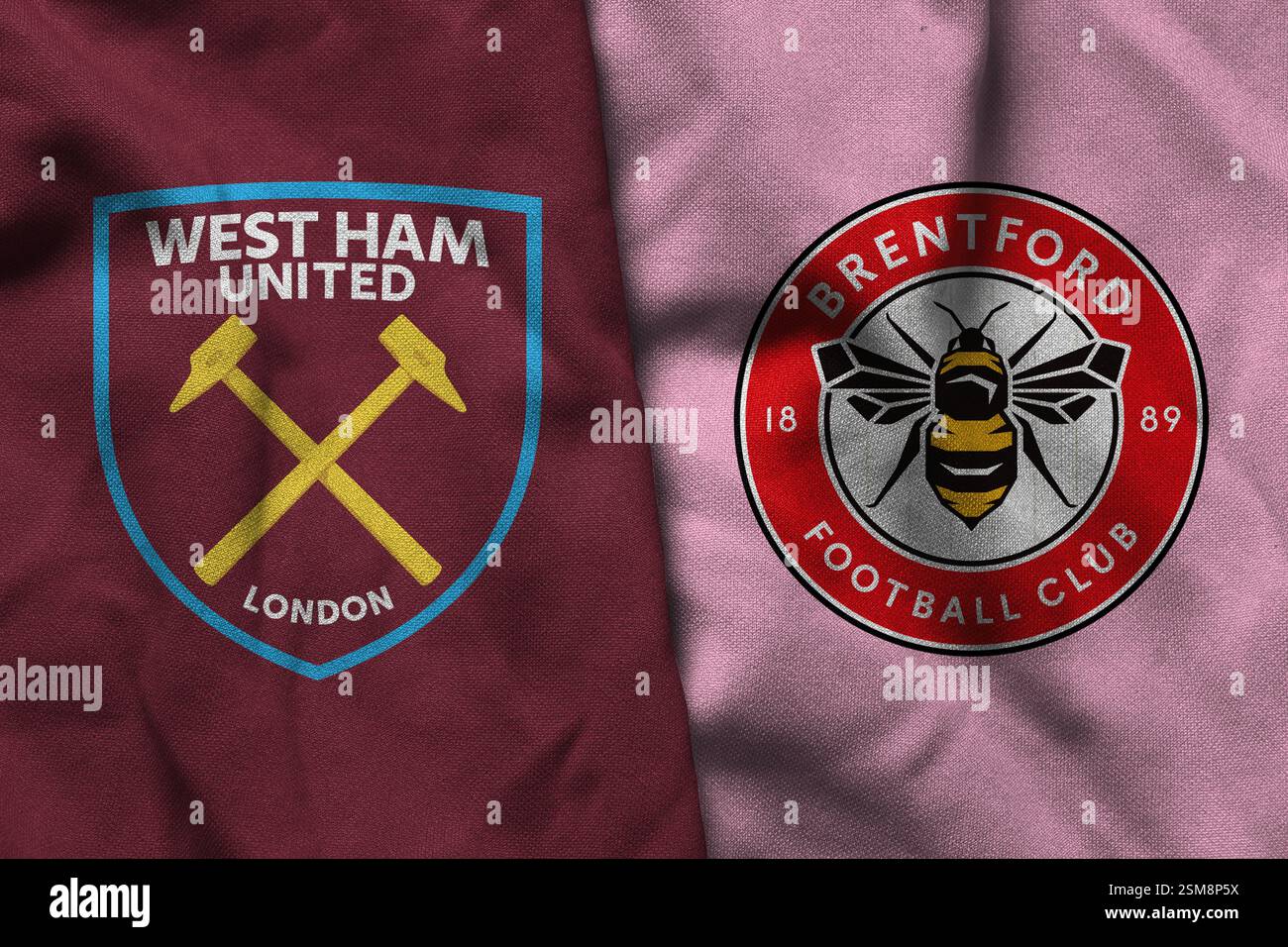 Pringsewu, Lampung February 13, 2025 West Ham football club logo fabric texture with Brentford concept, Premier League concept Stock Photo
