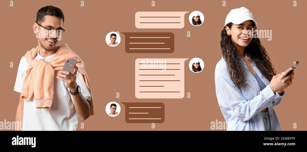 Young couple chatting on beige background Stock Photo