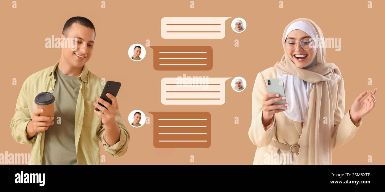 Young couple chatting on beige background Stock Photo