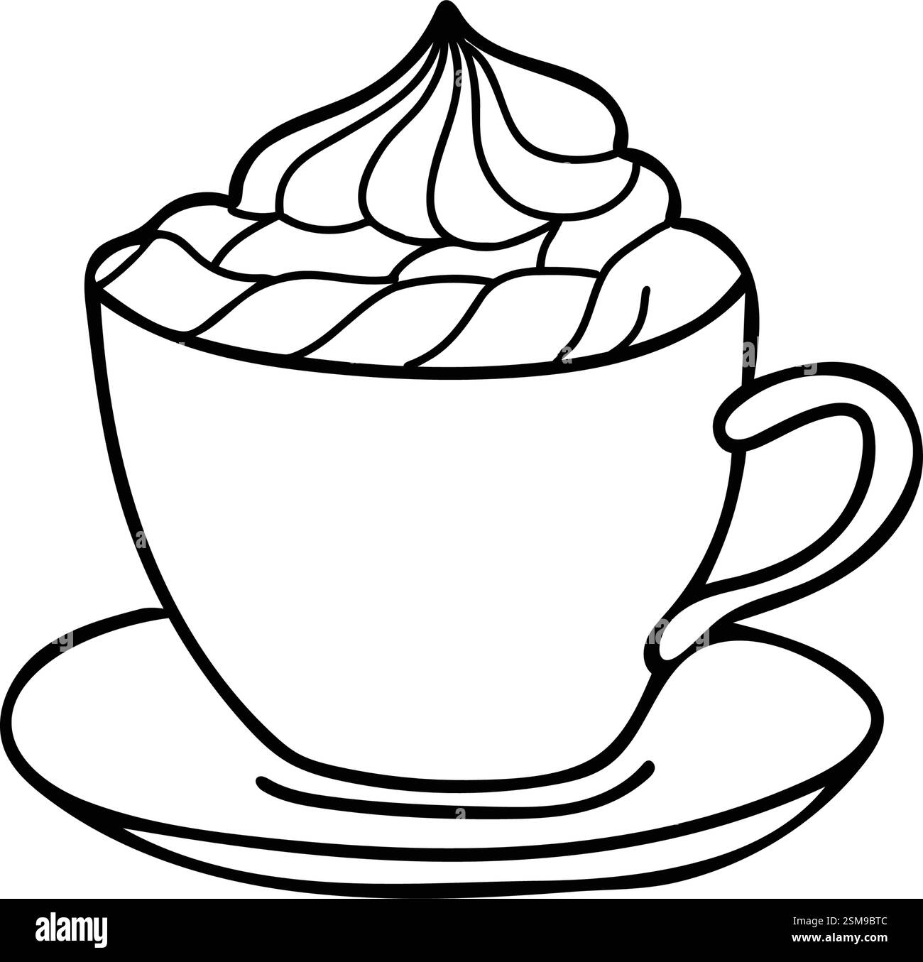 Coffee Cup, Hot Chocolate or Cocoa with whipped Cream. Winter or fall Drink isolated on white background. Black and white Sketch illustration in Stock Vector