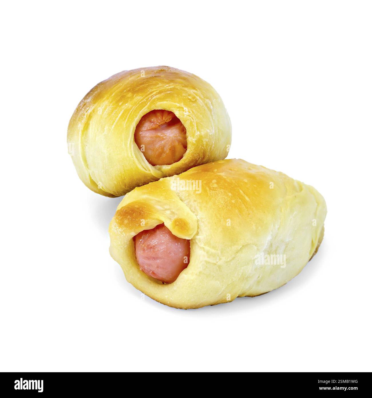 Two sausage rolls isolated on white background Stock Photo