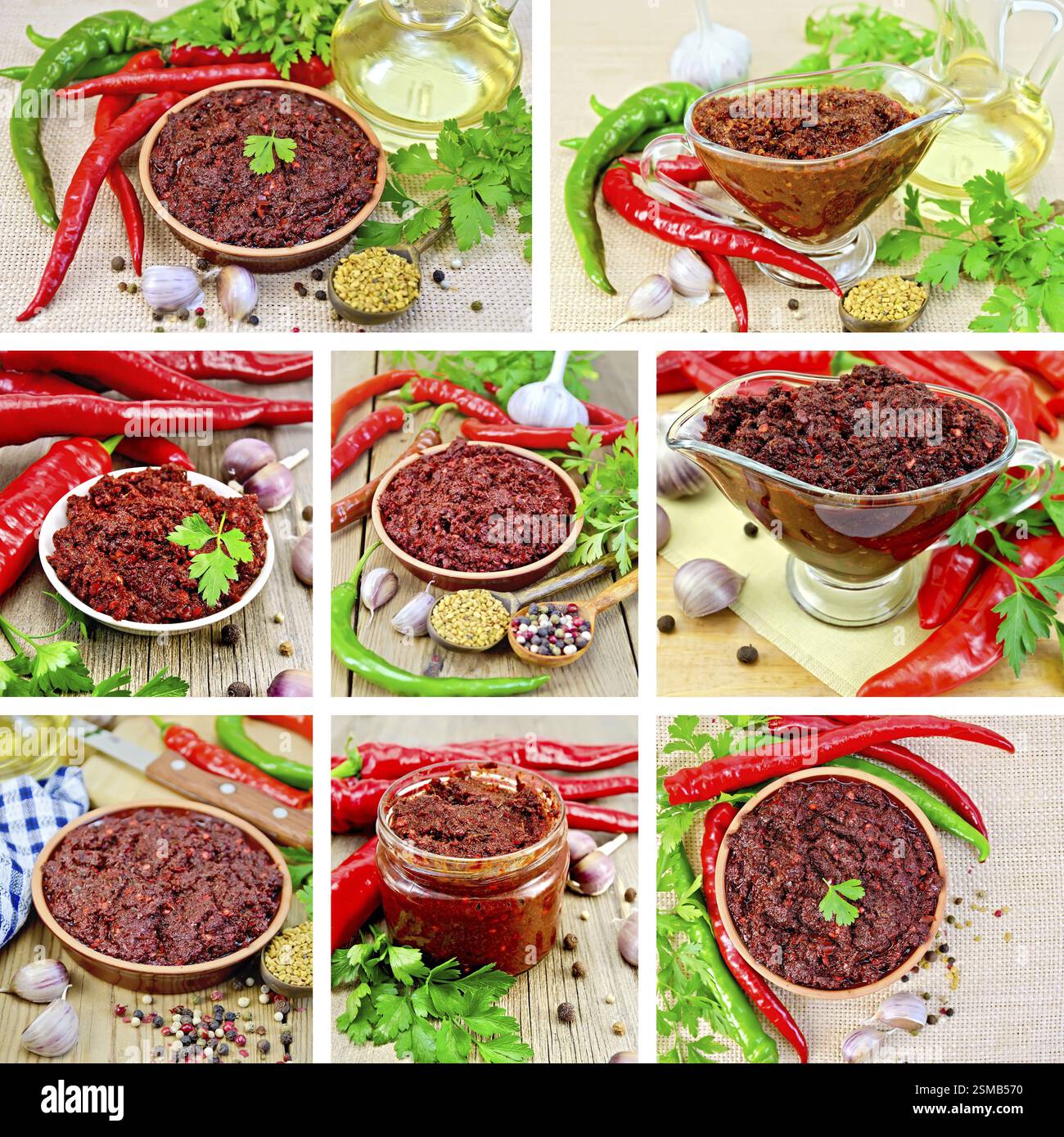Set photos of Tabasco adjika in a glass gravy boat, pottery, hot pepper, garlic, parsley, fenugreek on a wooden board, sacking Stock Photo