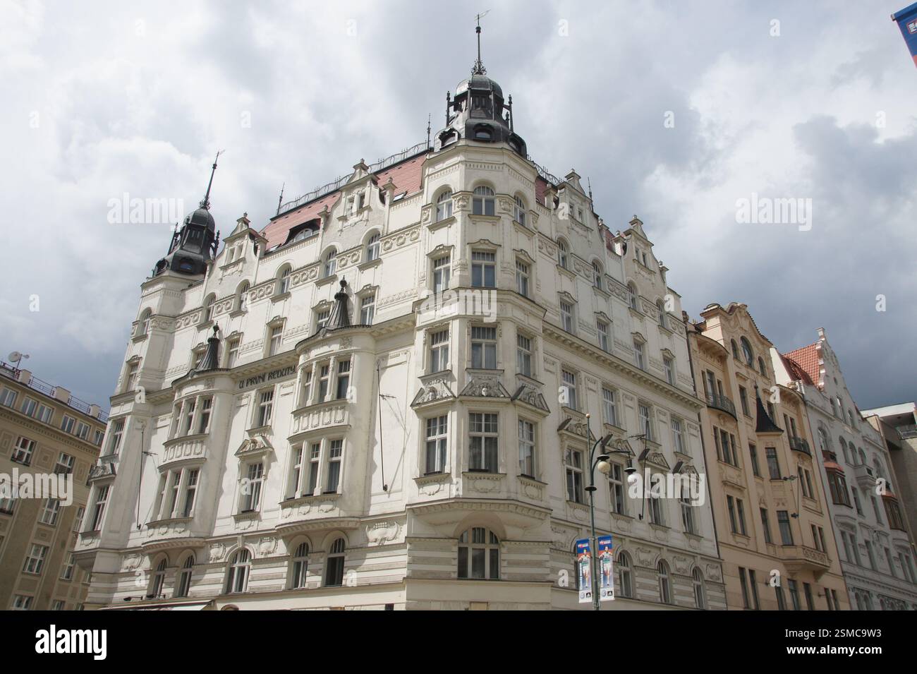 Eclectic architecture in Prague, Czech Republic. Neo-Renaissance style. Historical landmark. U První Reduty. Stock Photo