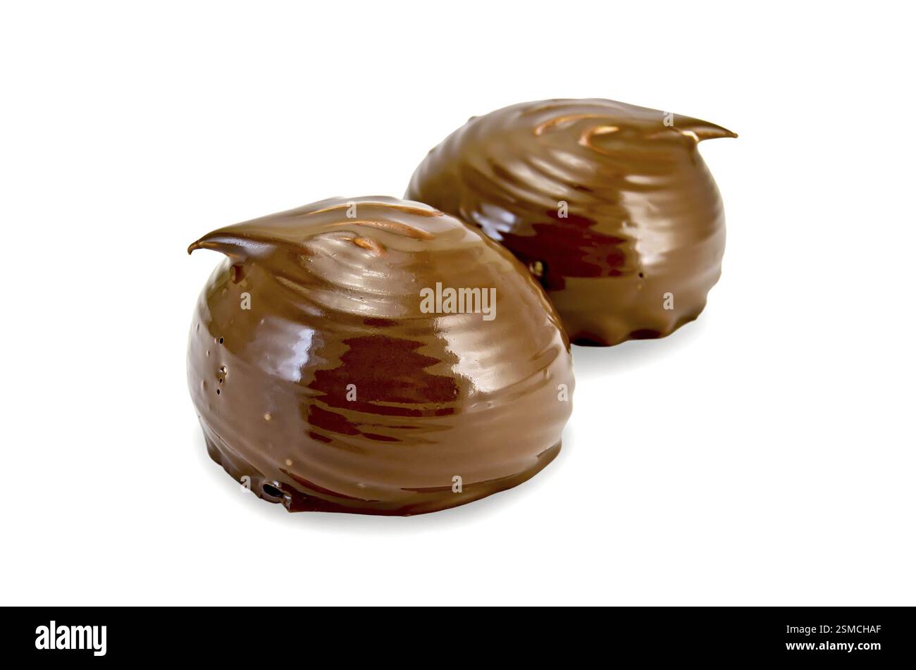 Two marshmallows in chocolate isolated on white background Stock Photo