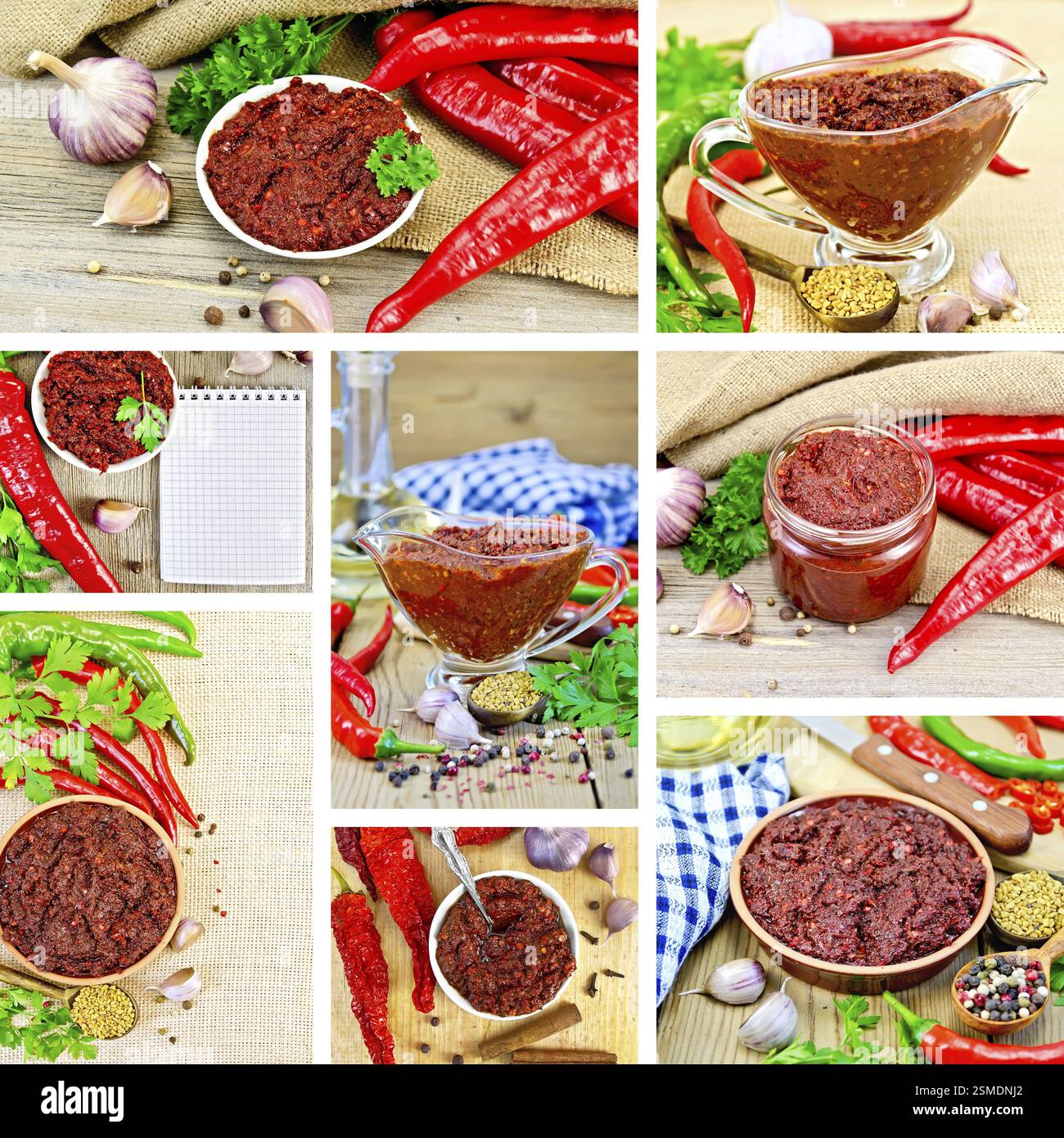 Set photos of Tabasco adjika in a glass gravy boat, bank, pottery, spices, hot peppers, parsley, on a wooden board, sacking Stock Photo