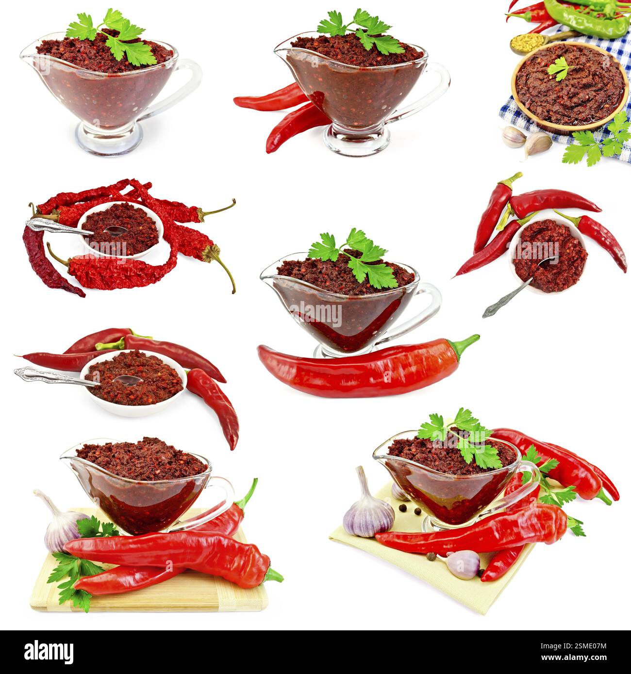 Set photos of Tabasco adjika in a glass gravy boat, pottery, plate, hot peppers, isolated on white background Stock Photo