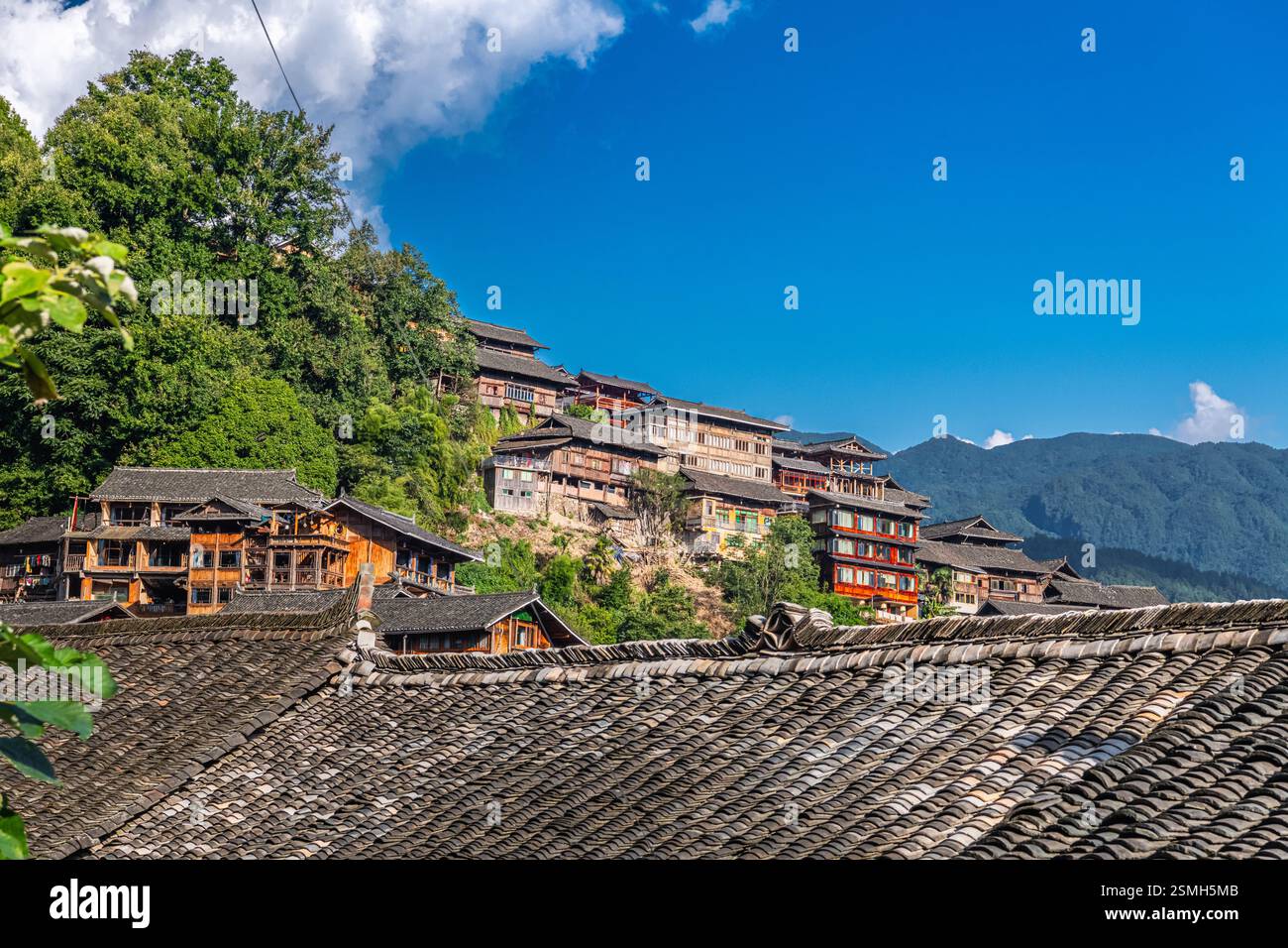 Aerial view of ancient remote village in Guizhou, China, background ...