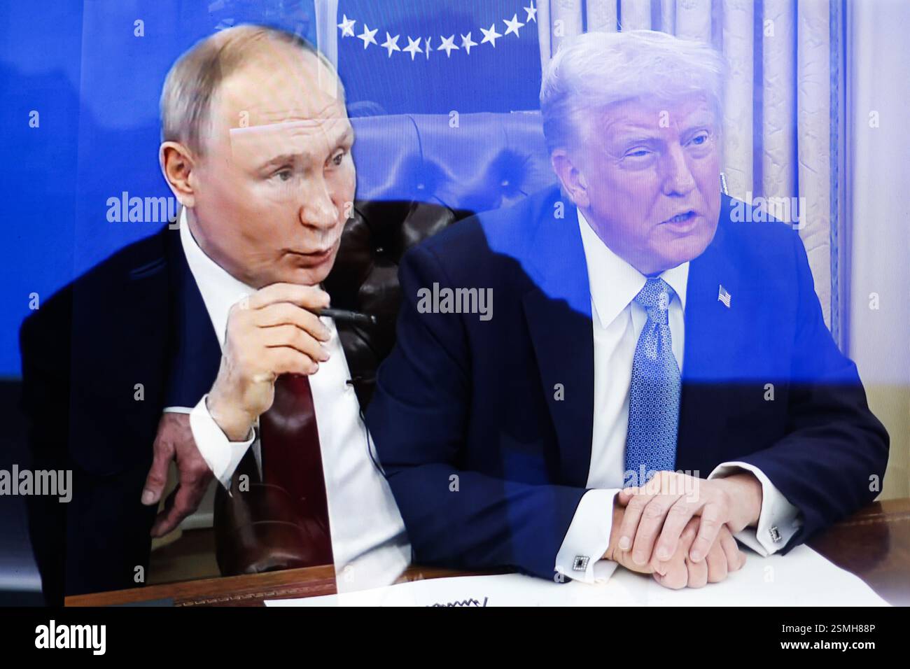This illustrative image shows Russian President Vladimir Putin (left) and United States President Donald Trump (right). A lengthy telephone conversation took place between Russian President Vladimir Putin and US President Donald Trump. The heads of state discussed issues related to artificial intelligence, the Middle East and energy. The main topic was the issue of a settlement in Ukraine. Donald Trump spoke in favor of an early cessation of hostilities and a peaceful solution to the problem. Vladimir Putin, for his part mentioned the need to eliminate the root causes of the conflict and agree Stock Photo