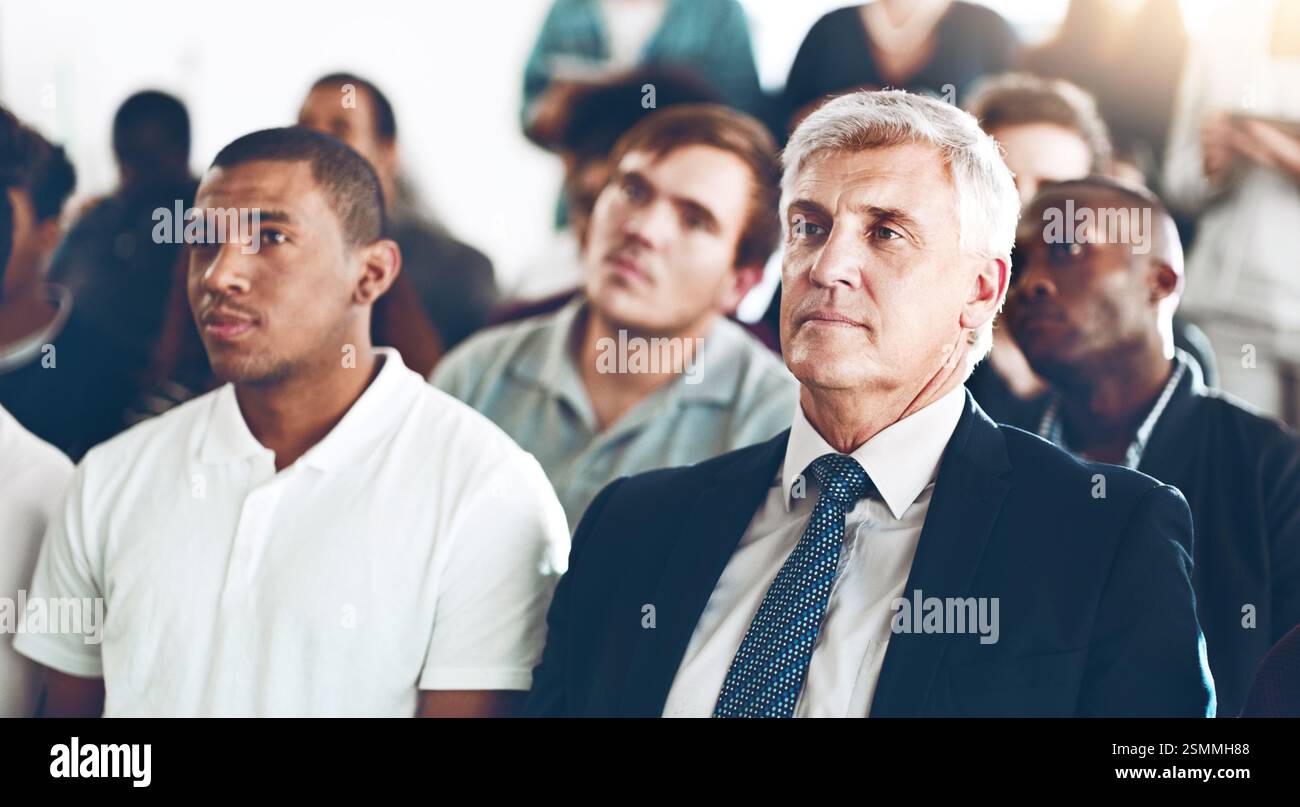 Men, audience and listening at corporate seminar with attention ...