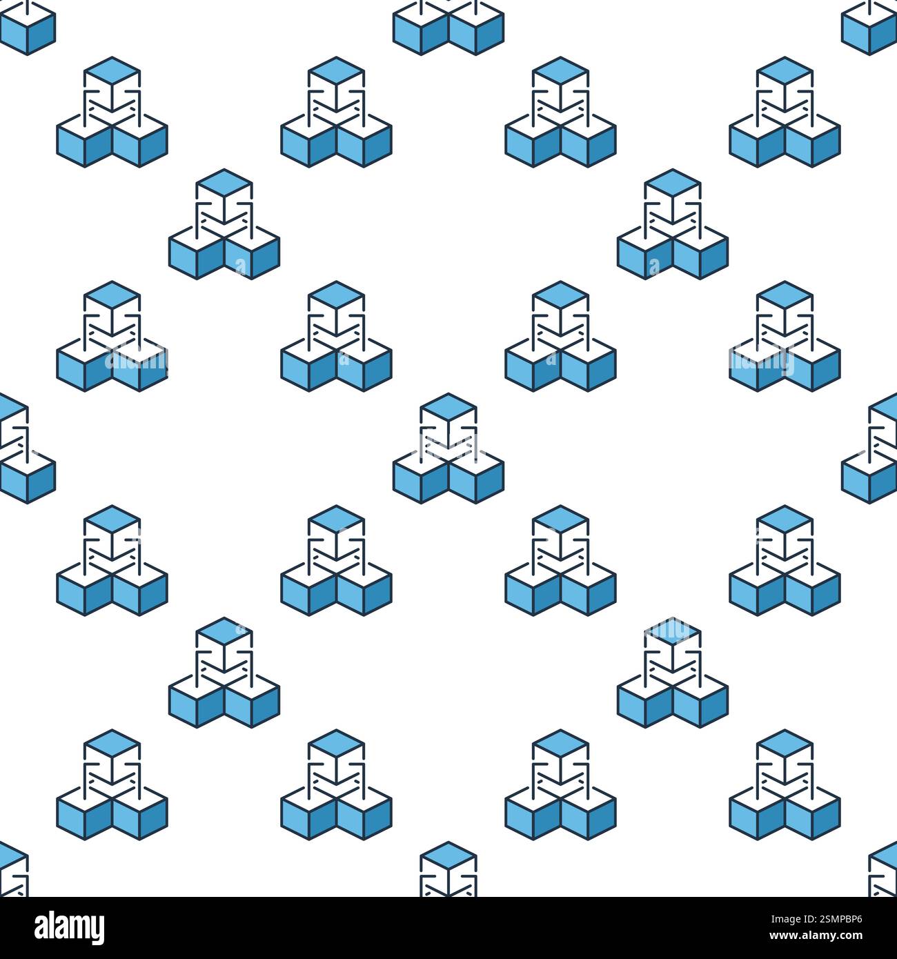 Three Connected Blocks - Blockchain Technology vector concept blue seamless pattern or background Stock Vector