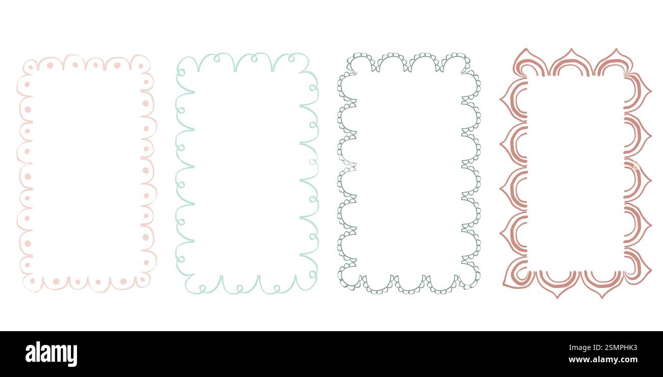 Hand drawn lace scalloped frames. Square, round and rectangle scalloped frames Stock Vector