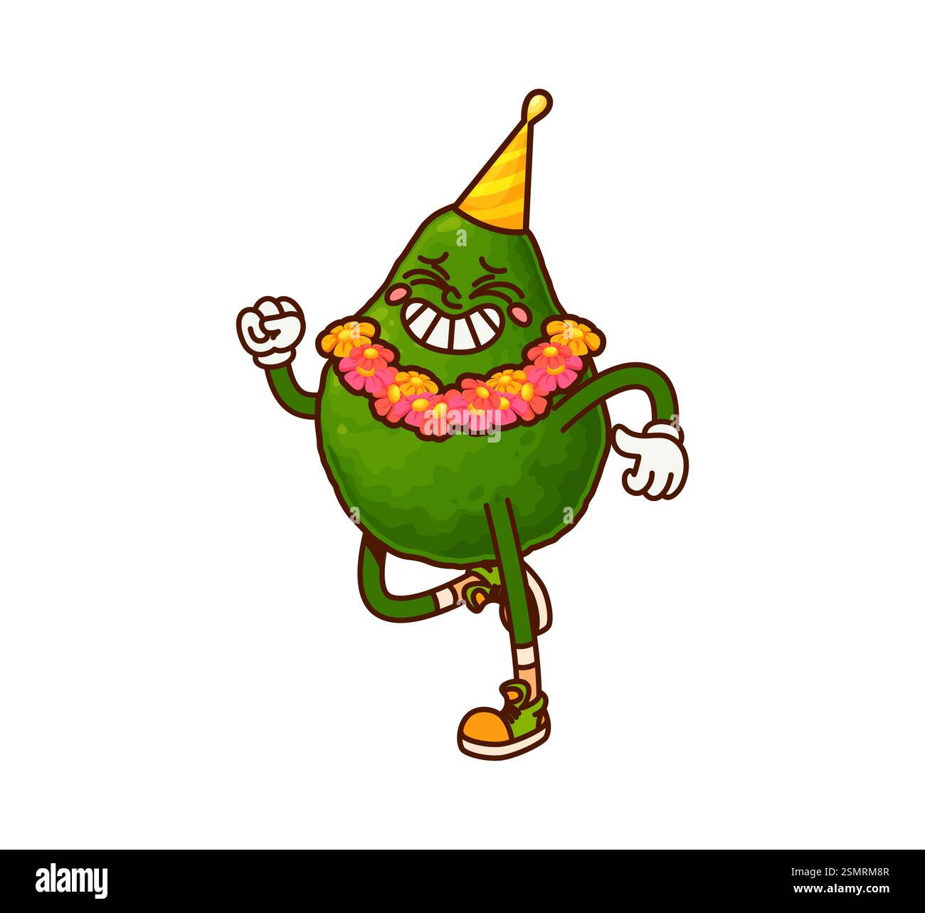 Cartoon groovy Mexican avocado character with a festive flower garland ...