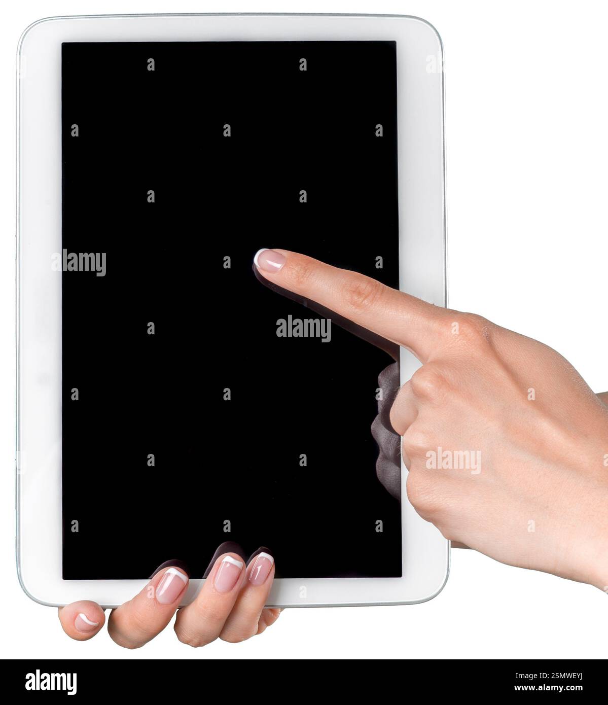 Person interacts with a touchscreen tablet highlighting technology ...
