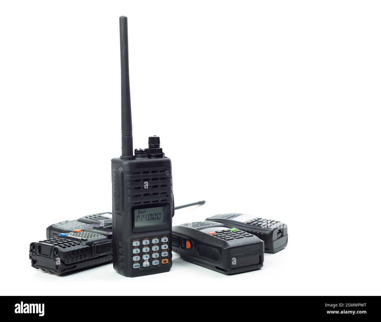 Collection of handheld radios arranged on a white background showcasing ...