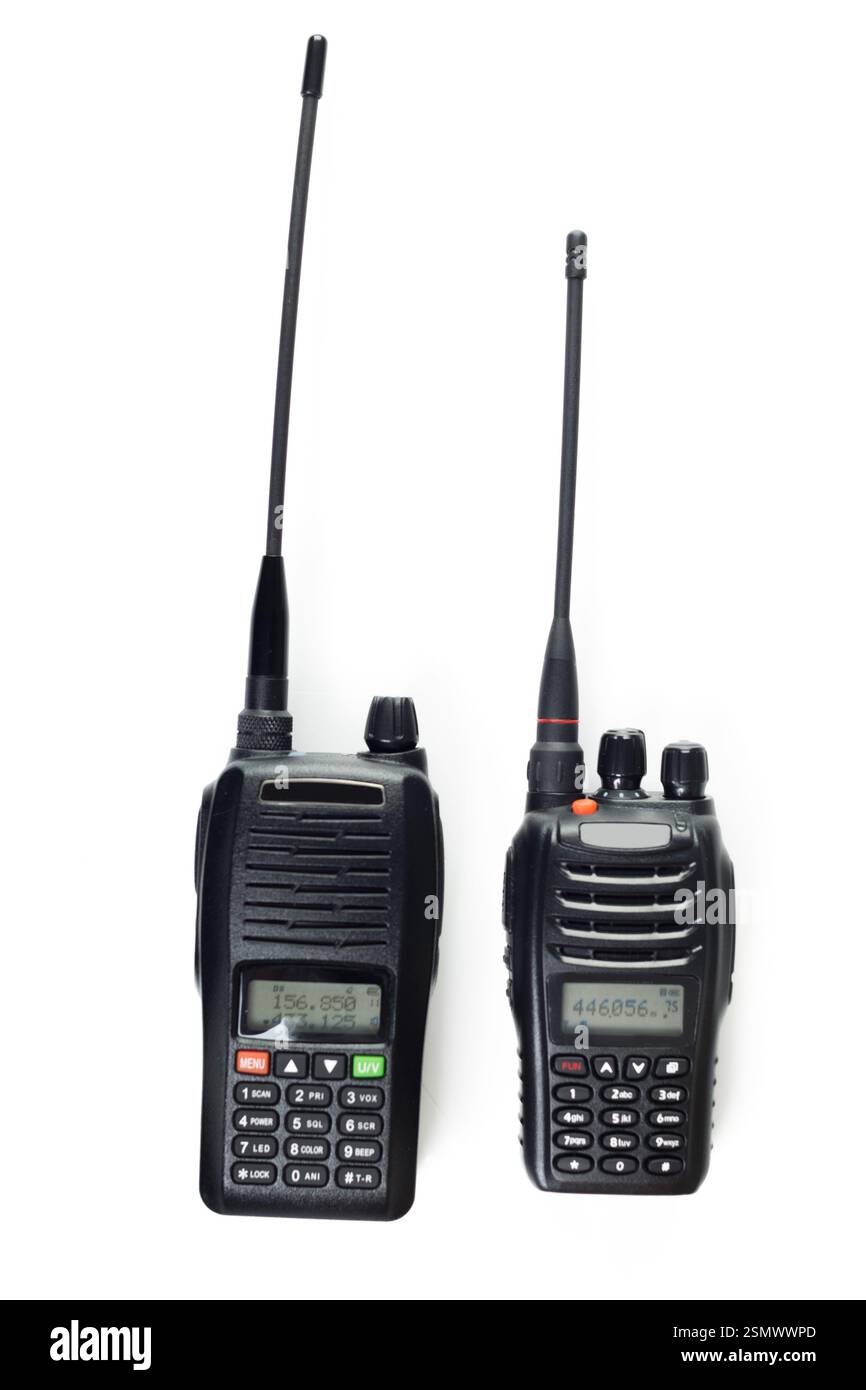 Two black handheld radios for communication with antennas displayed on ...
