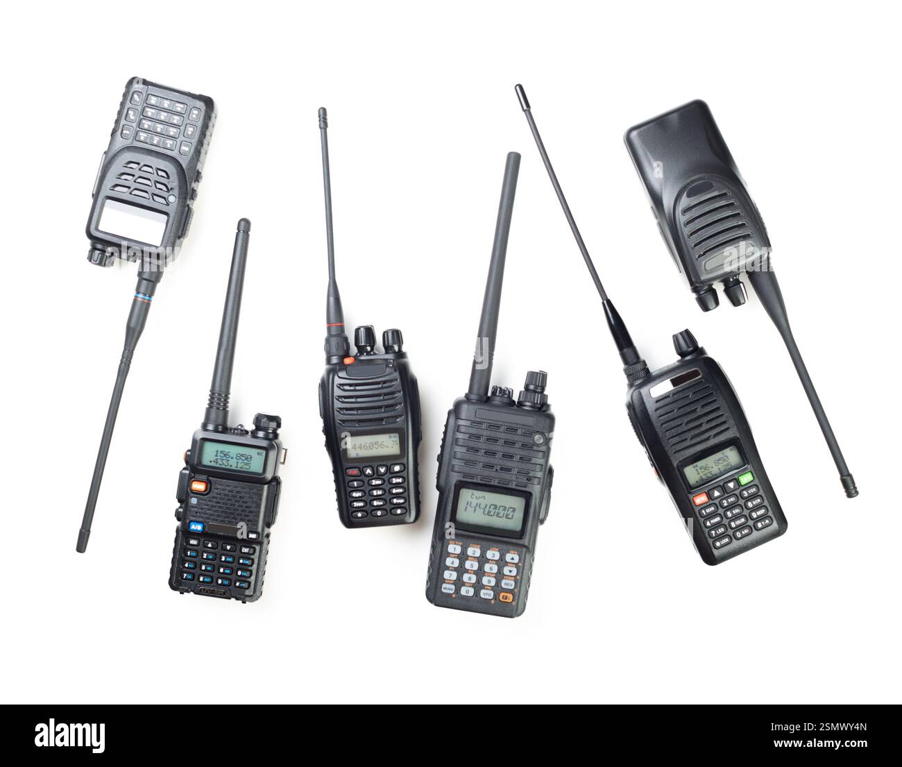 Multiple handheld radios arranged on a white background showcasing ...
