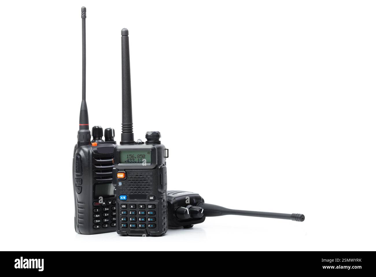 Different types of handheld radios shown together on a white background ...