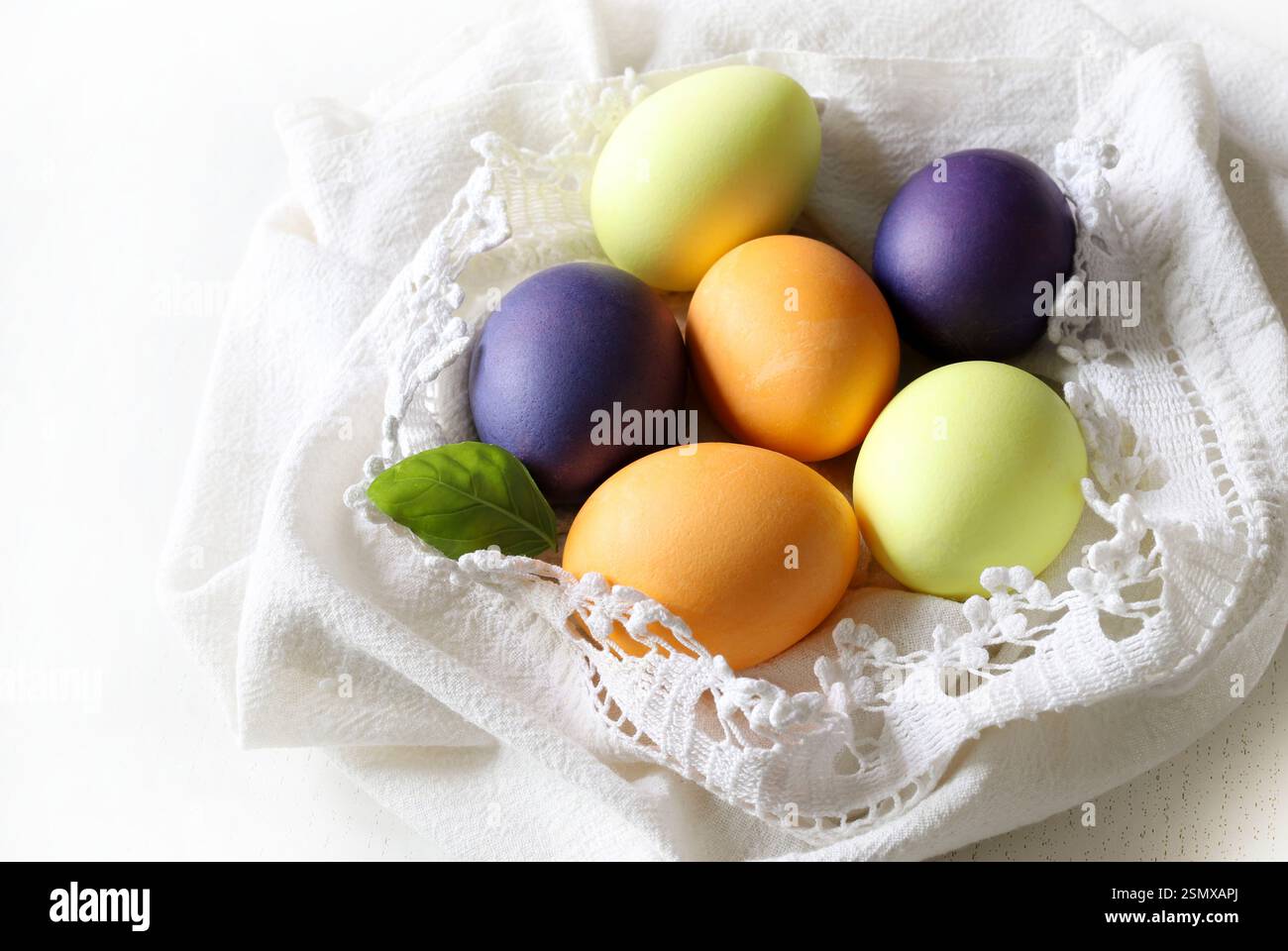 Colorful eggs for Easter isolated on white background. Easter eggs. Easter holiday concept. Copy space. Stock Photo