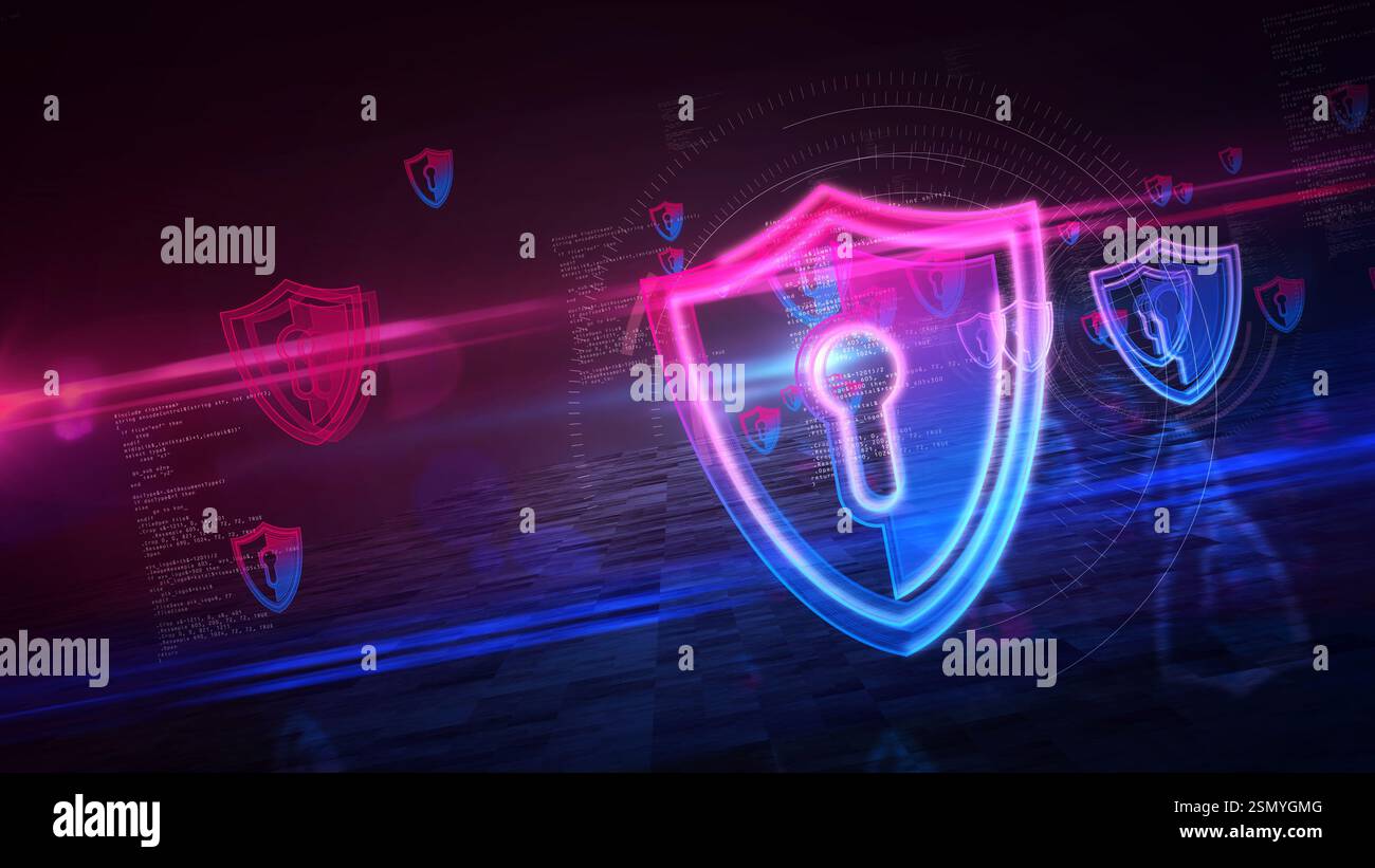 Shield cyber security computer system protection symbol. Abstract concept 3d icon illustration Stock Photo