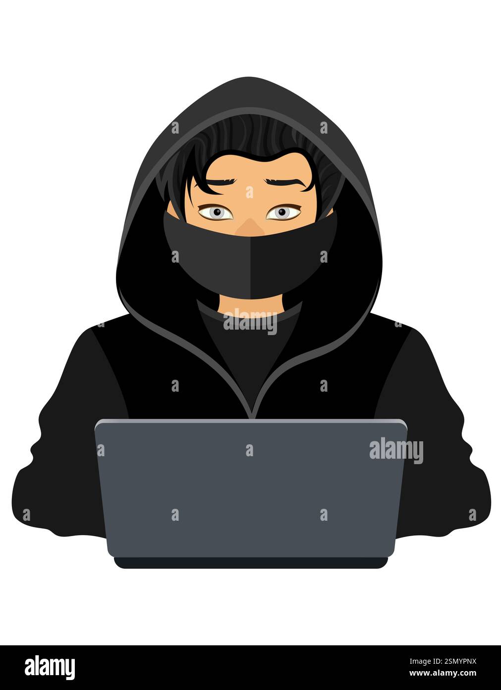 young hacker programmer it specialist coder sitting at a laptop in a sweater with a hood flat style vector illustration isolated on white background Stock Vector