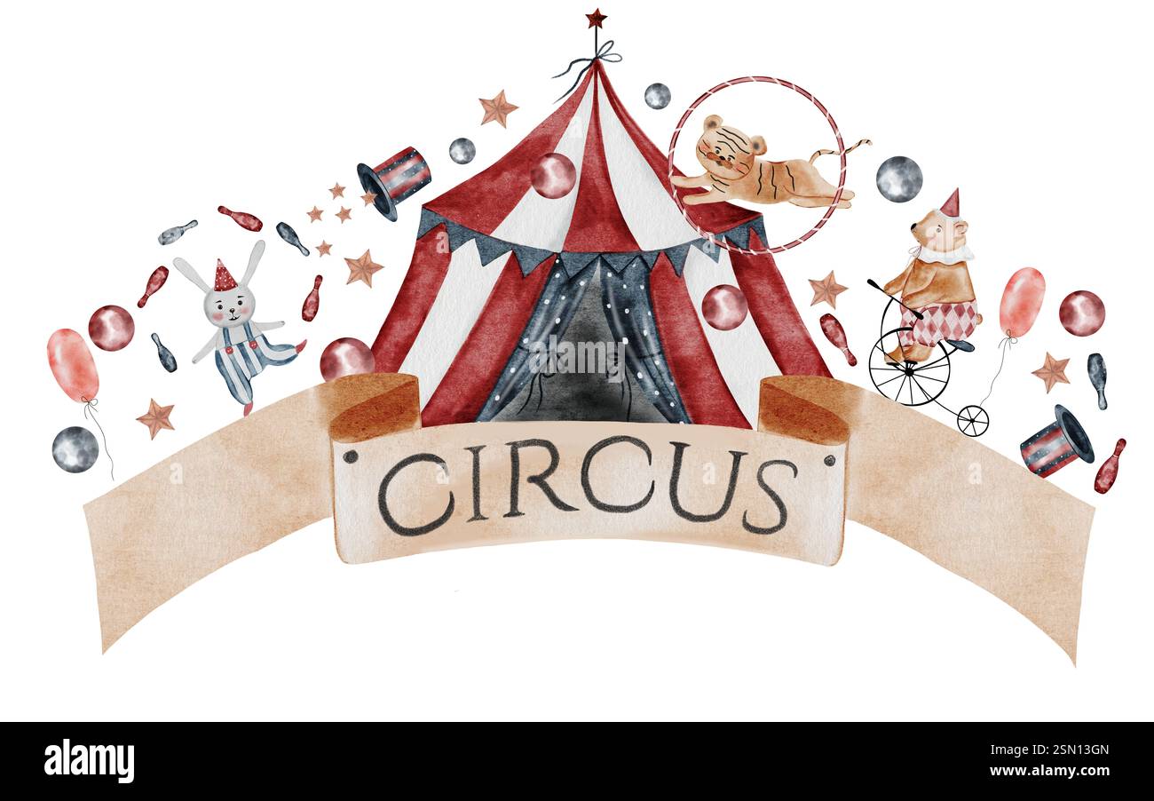 Circus watercolor banner. Hand drawn cute animal on isolated white ...