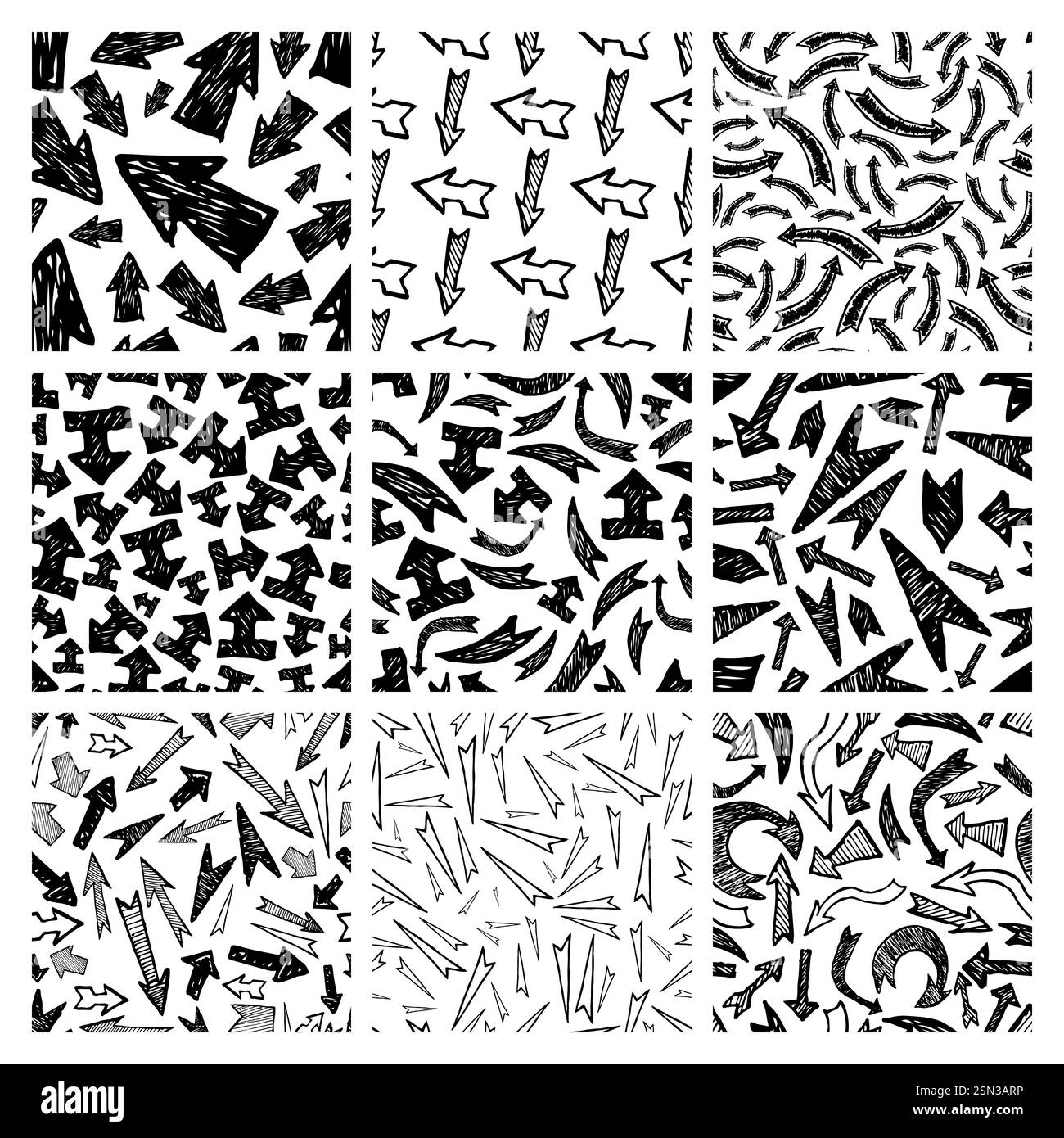 Seamless pattern with black hand drawn arrows. Set of nine creative ...