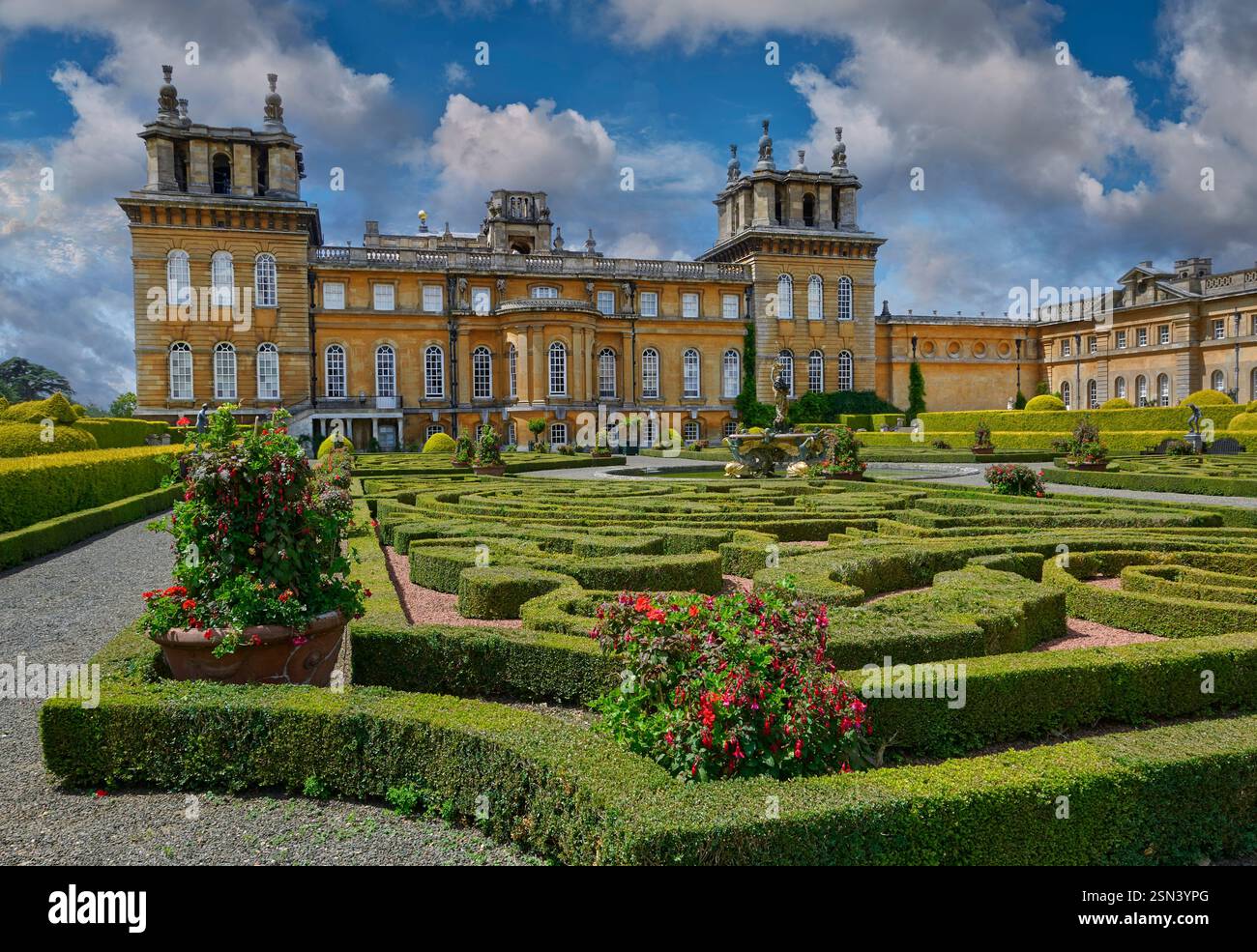 Photo of Blemheim Palace formal Italian Garden with formal topiary hedges, statues & fountain, Blenheim Palace, Oxfordshire England UK Stock Photo