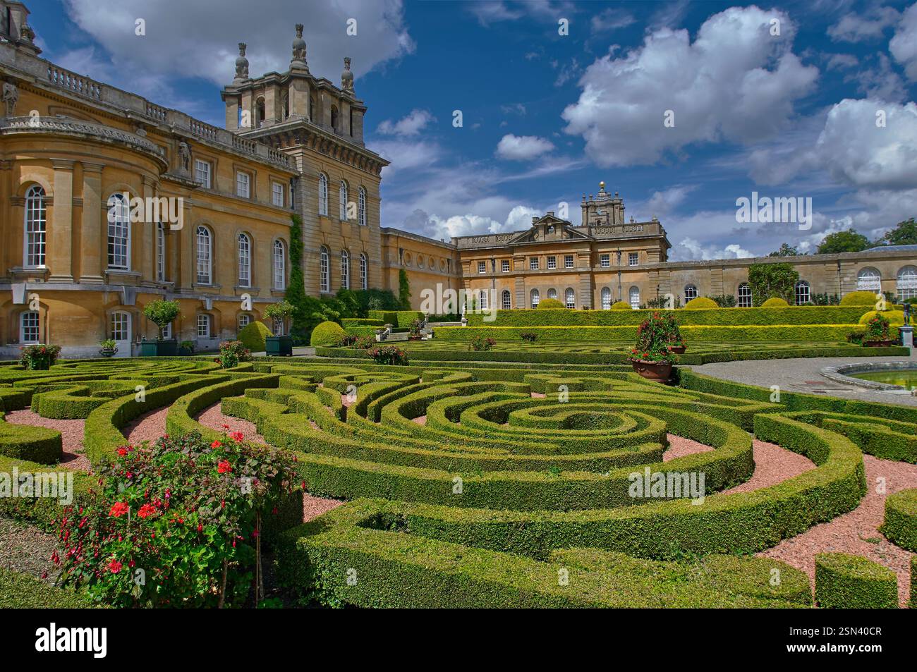 Photo of Blemheim Palace formal Italian Garden with formal topiary hedges, statues & fountain, Blenheim Palace, Oxfordshire England UK Stock Photo