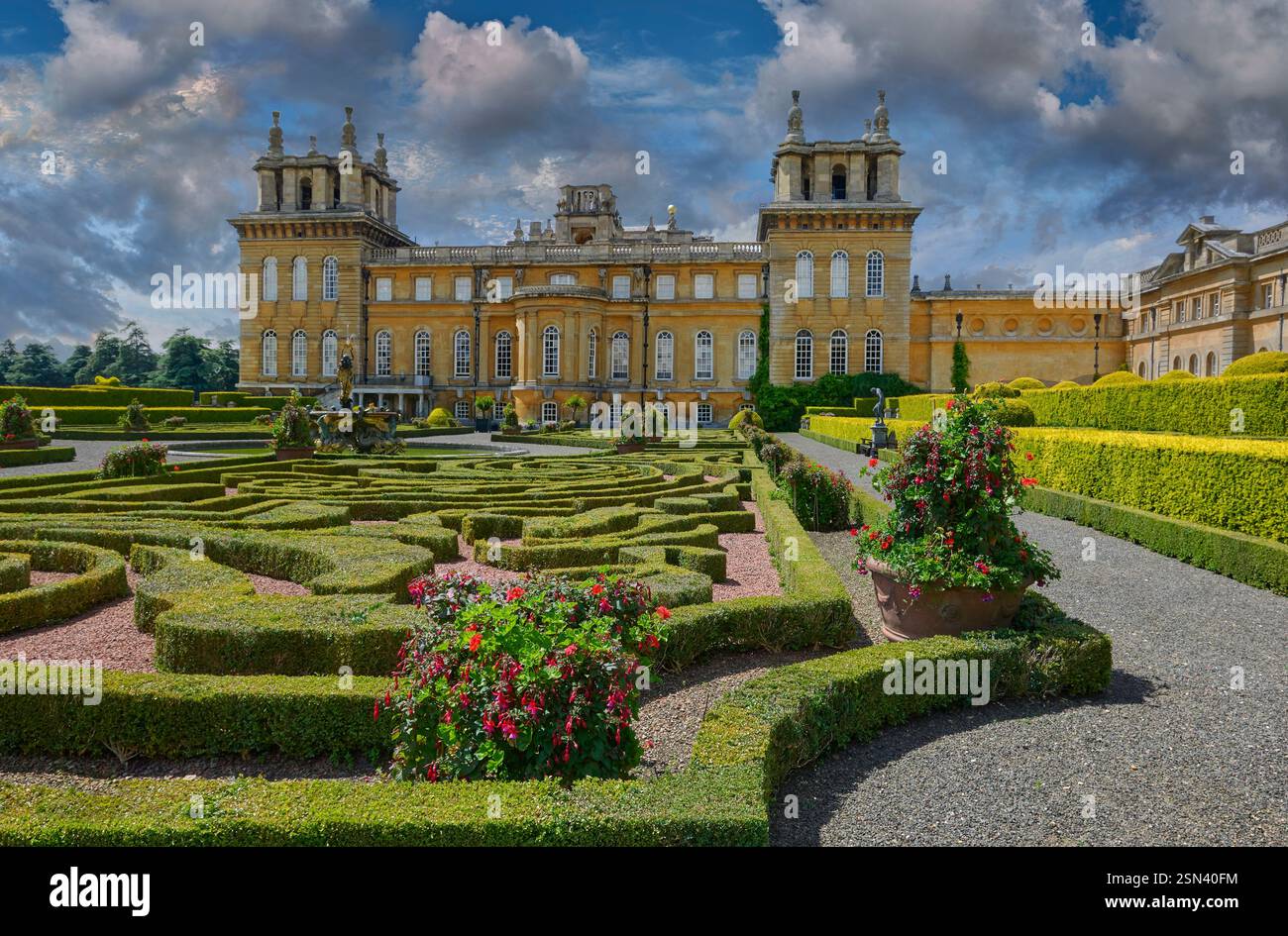 Photo of Blemheim Palace formal Italian Garden with formal topiary hedges, statues & fountain, Blenheim Palace, Oxfordshire England UK Stock Photo