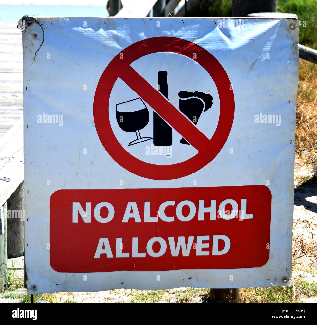 No Alcohol Allowed, Protect Your Stuff, Kite surfers, Surfers, bathers, Blouberg in Table Bay, Cape Town, South Africa, RSA, Republic of South Africa, Stock Photo