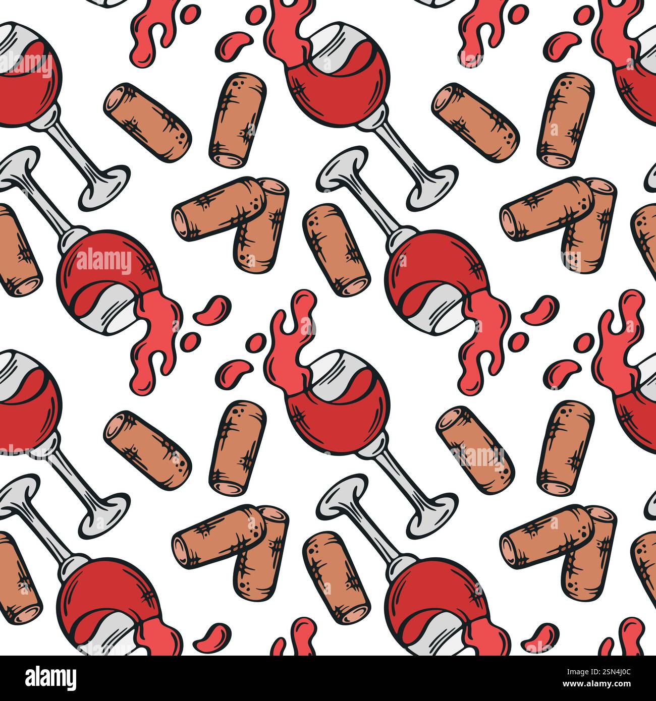 Wineglass and cork seamless pattern vector illustration. Stock Vector