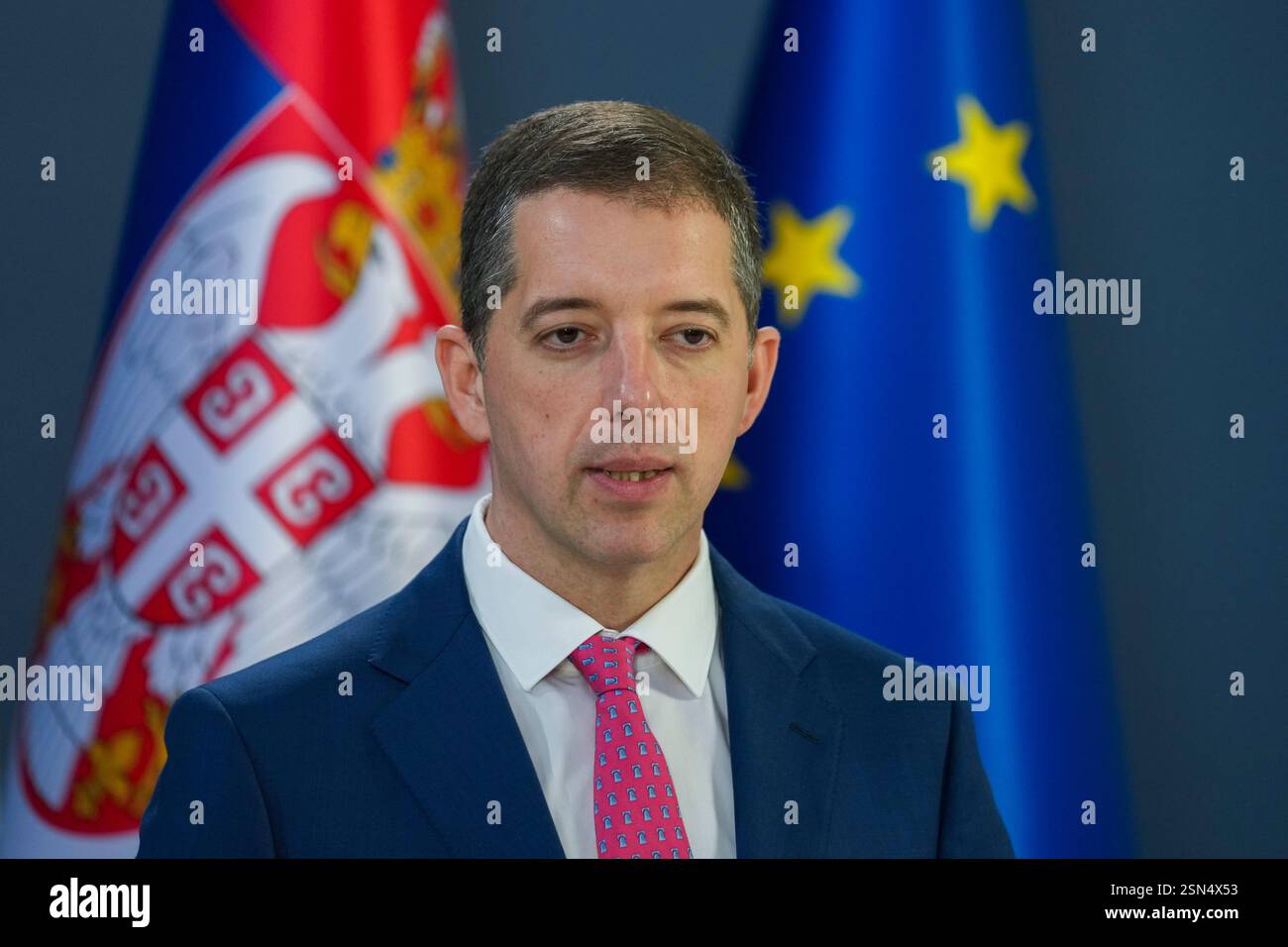 Serbian Foreign Minister Marko Djuric speaks during a press conference