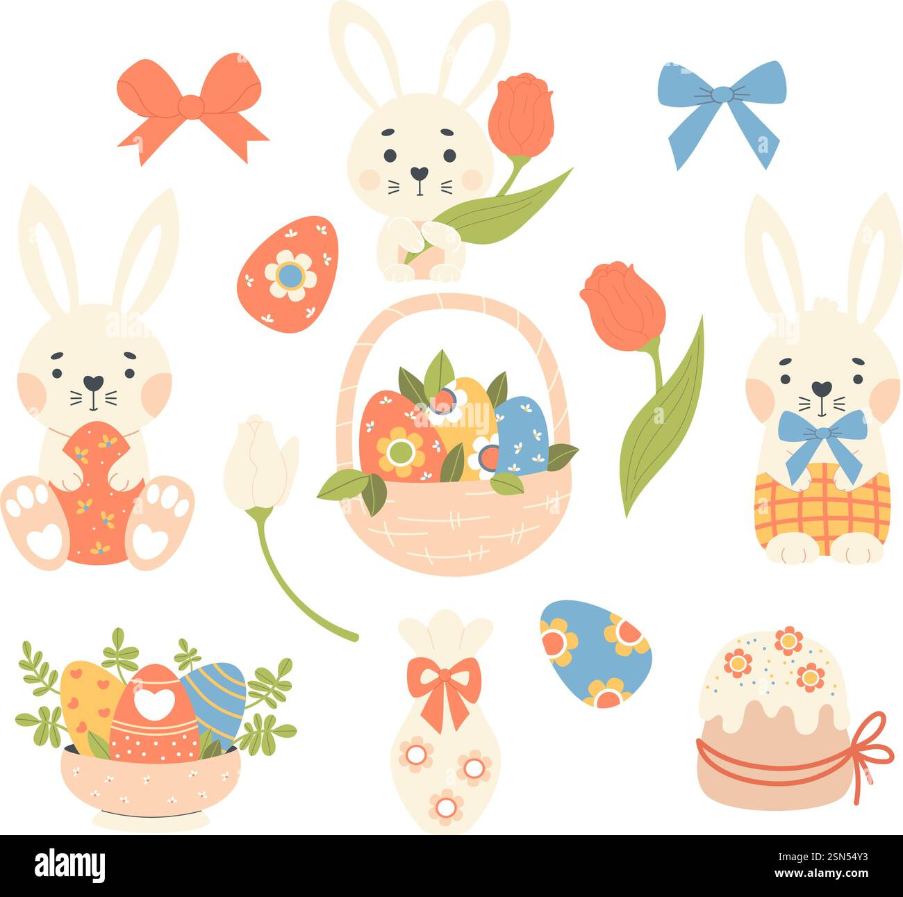 Cute Easter Bunny with tulips flowers and Paschal Eggs In basket ...