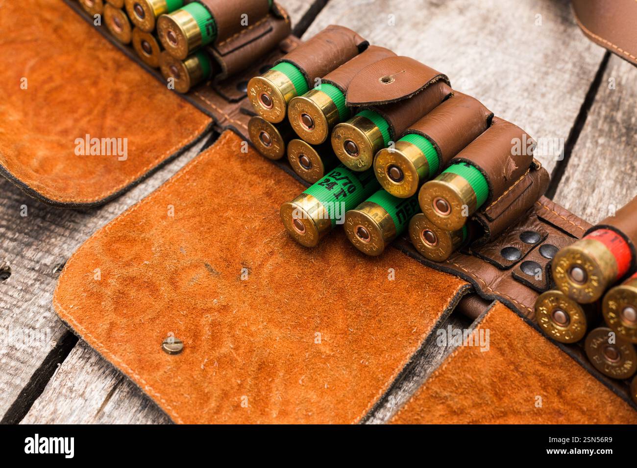 Detailed view of a leather ammunition belt filled with shotgun shells ...