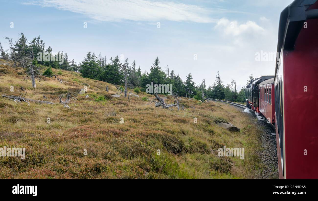 A steam train of the German Brockenbahn is on its way to Brocken Station, the highest point of the Harz. It is part of the Harzer schmalspurbahn. Stock Photo