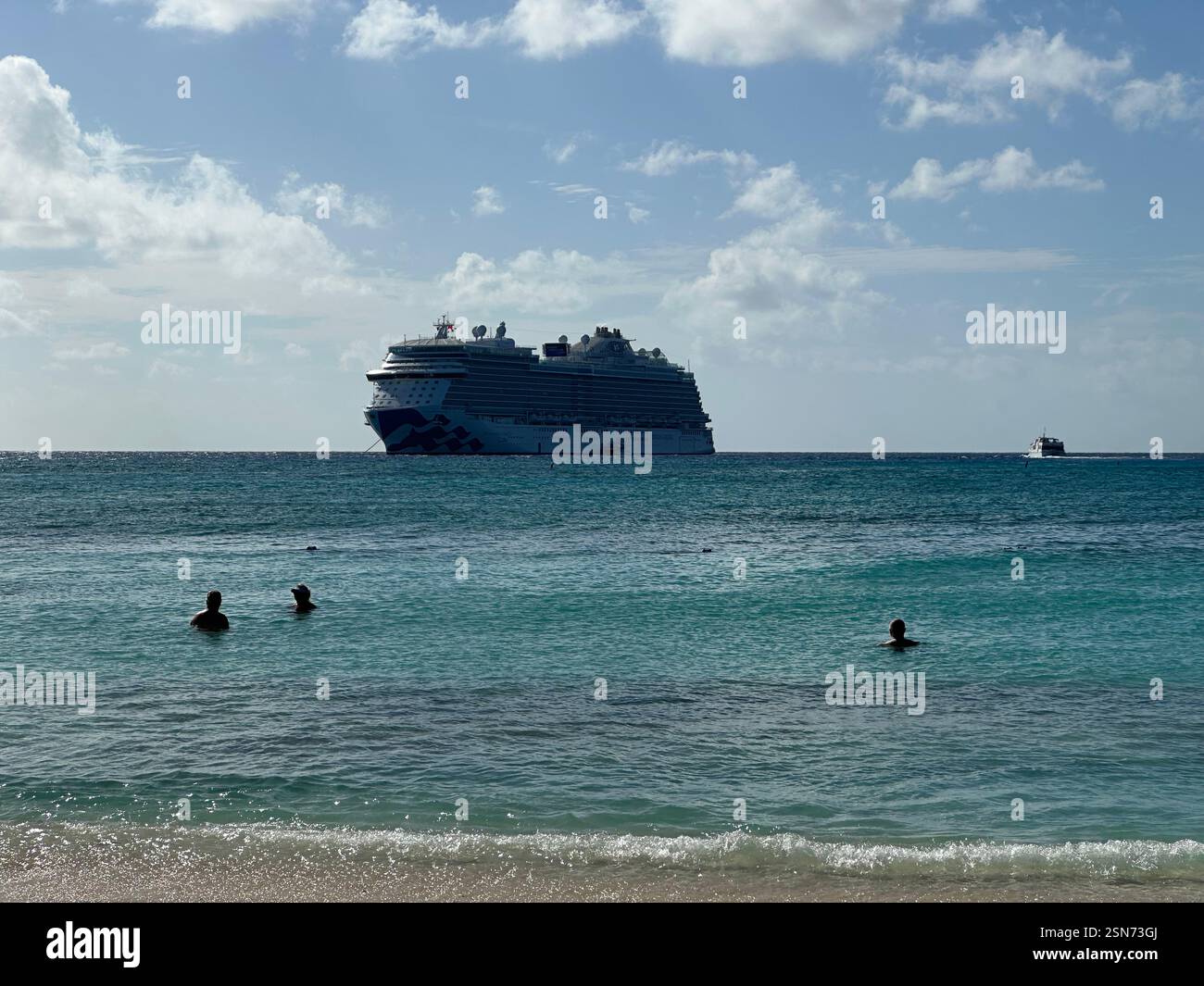 The Enchanted Princess seen in the distance from the beach, Princess Cays, Eleuthera, Bannerman Town, The Bahamas, North America - Smartphone Captured Stock Image