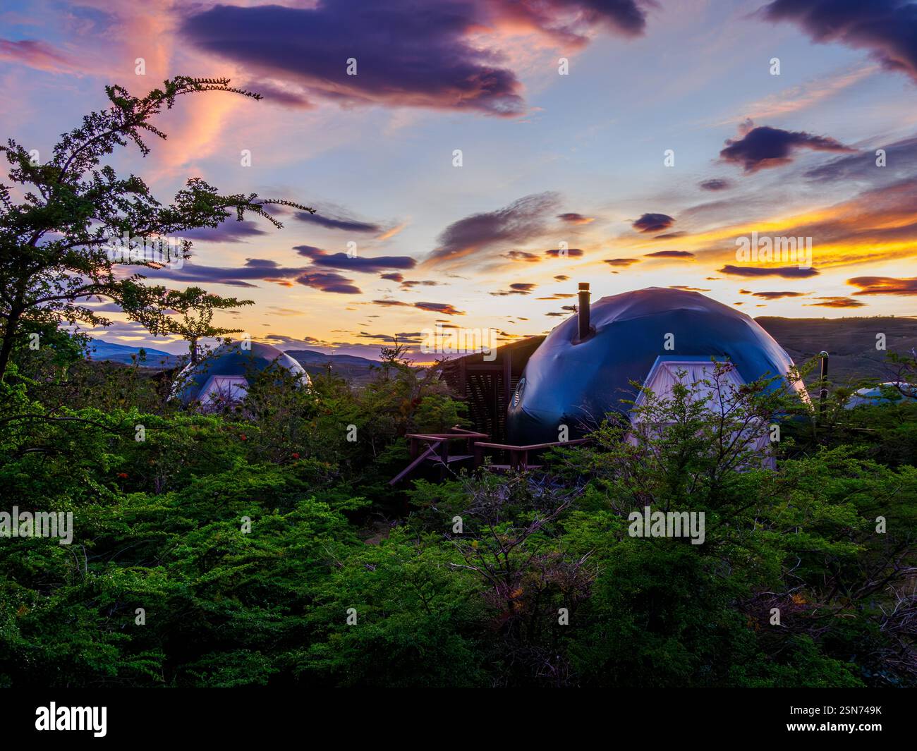 Early dawn at EcoCamp in the Torres del Paine in the Patagonian Andes of southern Chile Stock Photo