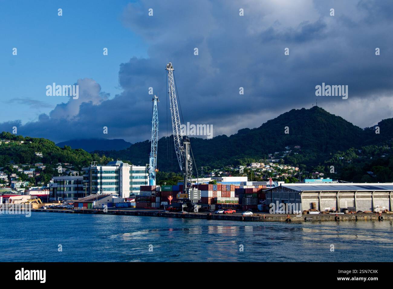 St Lucia - Castries Harbor with cargo handling cranes Stock Photo