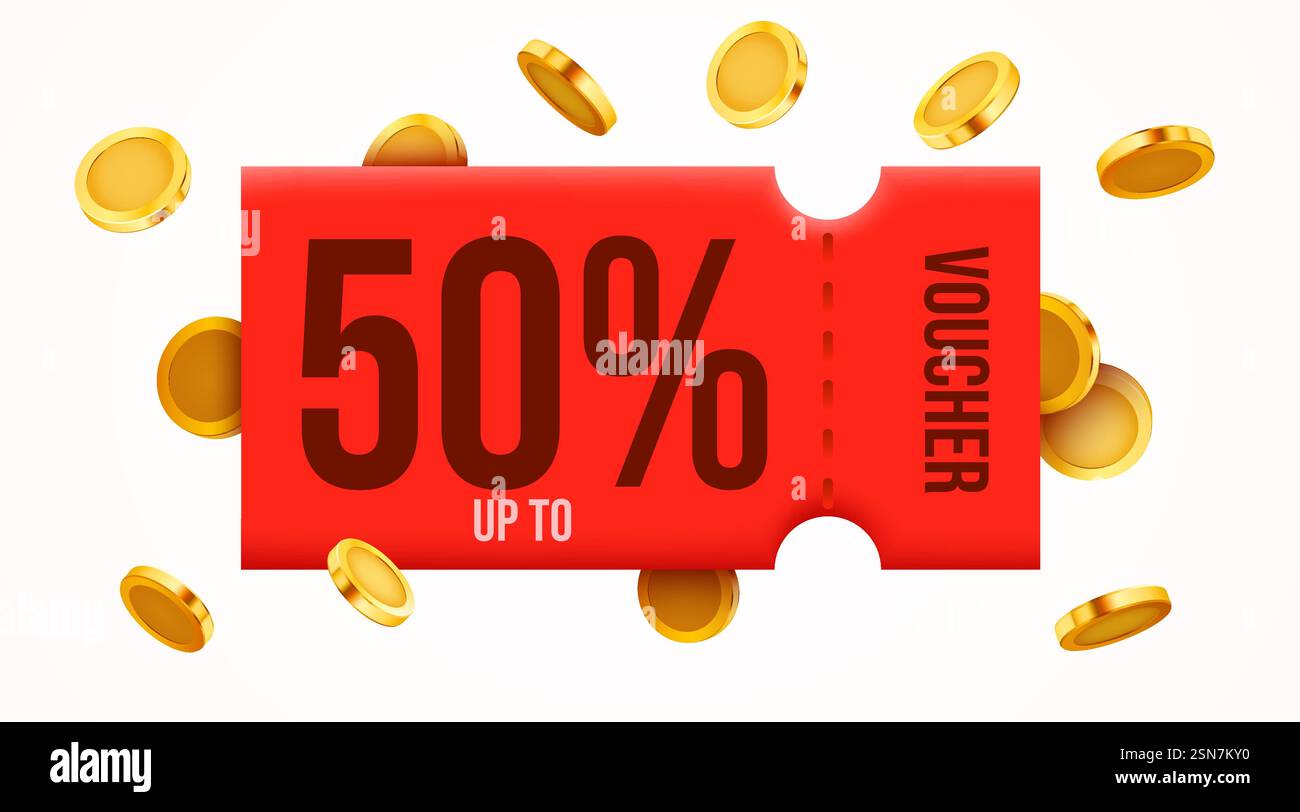 3d coupon with golden coins and. Special giveaway with coupons or voucher, percentage off. Gift voucher template. Vector illustration Stock Vector