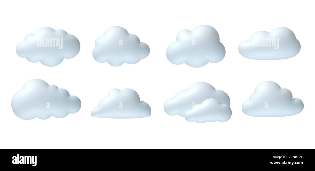 3d clouds. Realistic white cloud in soft inflation plastic shape with blue reflection. Plasticine 3d weather cloudy icons in cartoon render style. Vector rounded cumulus icons. Stock Vector