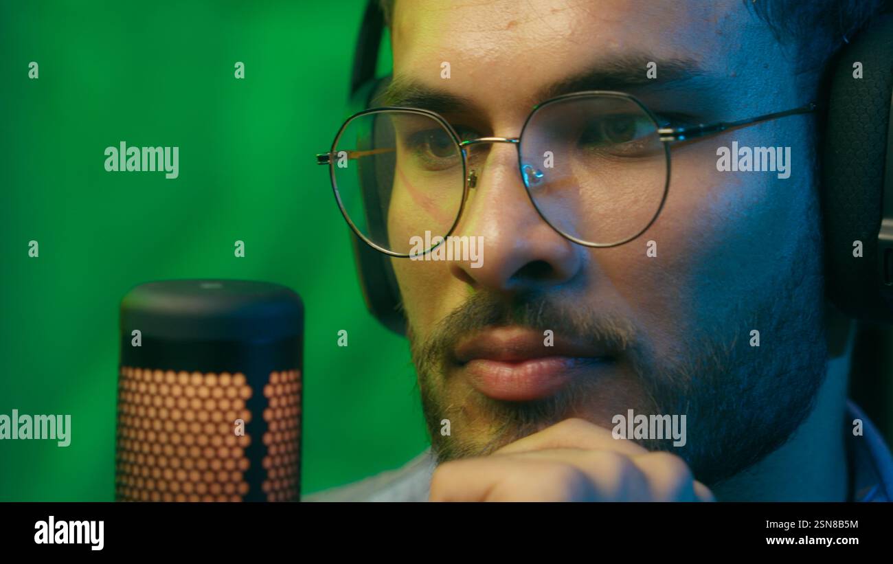 Close up Caucasian man businessman business male guy programmer hacker computer user gamer cyber working laptop web net crypto browsing playing game Stock Photo
